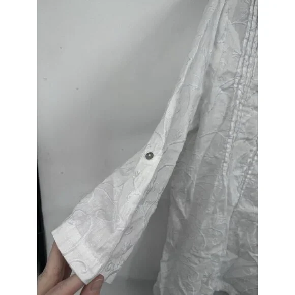Kenar 100% Linen Shirt Women XL White Embroidered Roll Tab Sleeve Coastal Beach - Picture 7 of 8